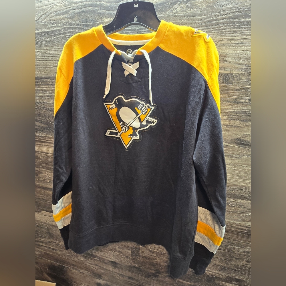NHL Hockey Pittsburgh Penguins Pullover Sweatshirt‎ 1/4 Lace Size Large Majestic